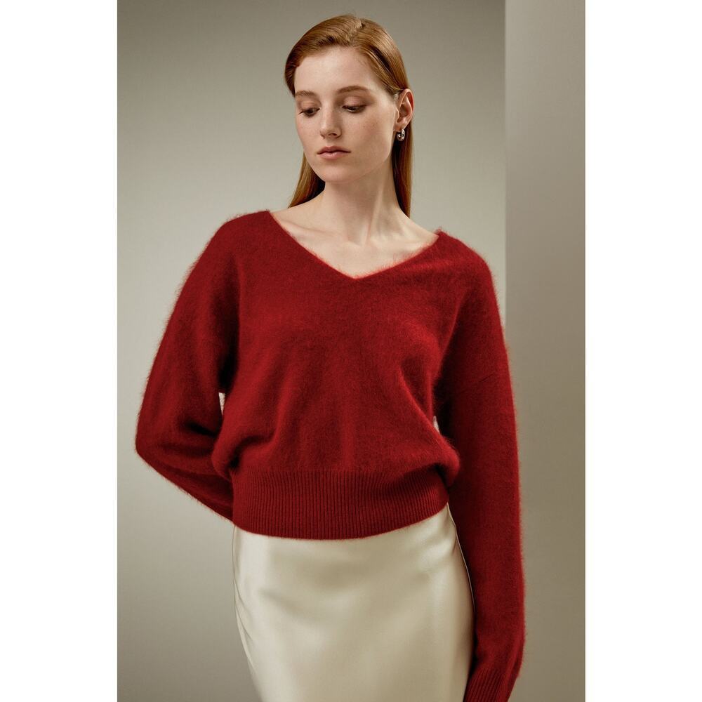 Lilysilk Brushed Cashmere V-Neck Pullover Sweater Long Sleeve Red Size L NWT